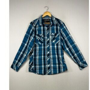 Western Surplus Mens Large Blue Plaid Long Sleeve Button Down Pocket Shirt